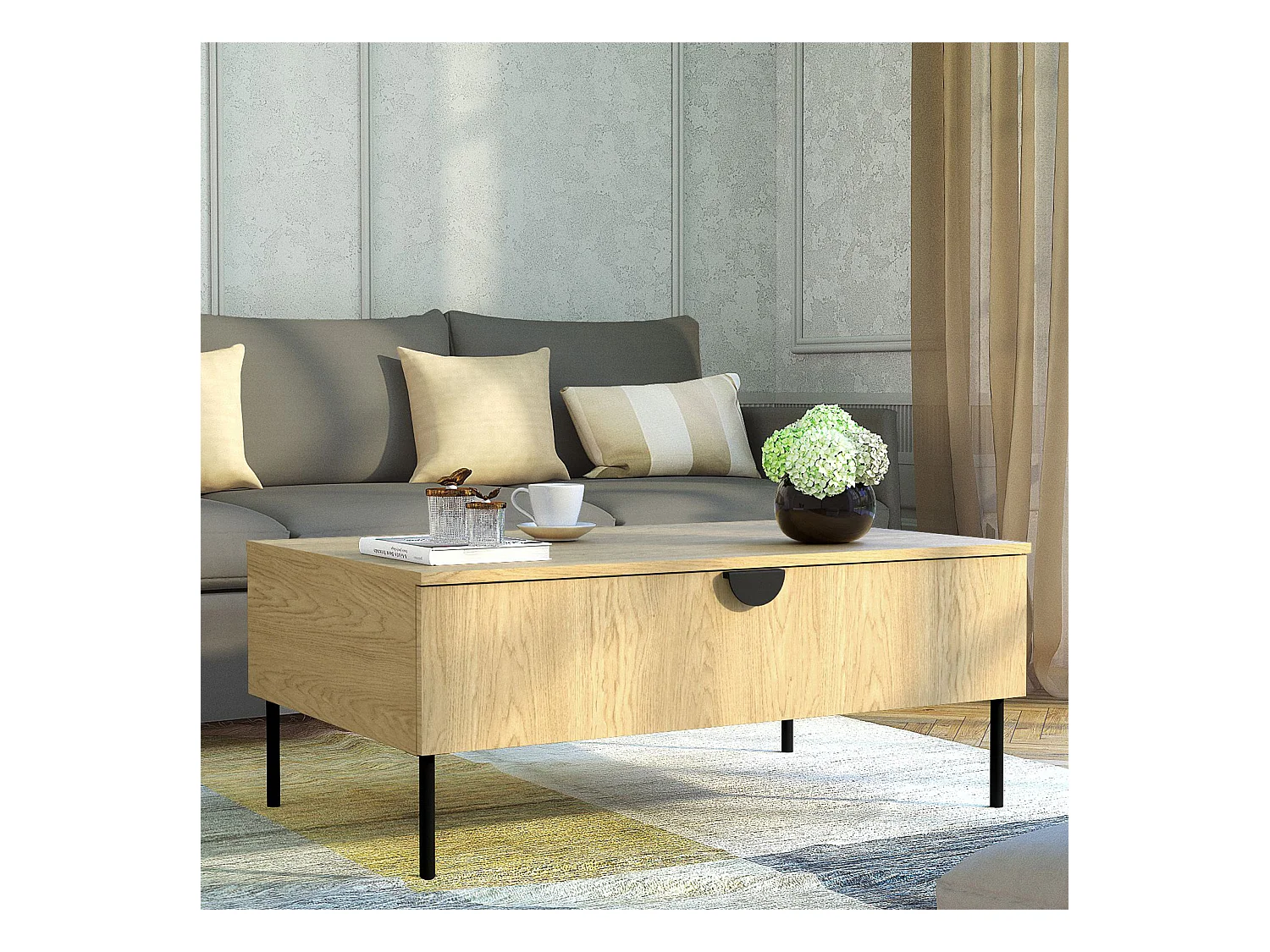 Table basse VIDIS noir et naturelle claire, dimensions 100x42x66 cm, style moderne
