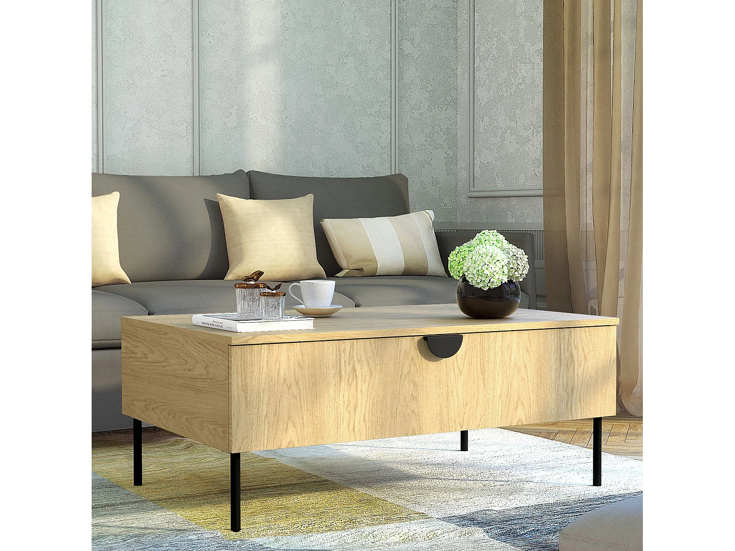 Table basse VIDIS noir et naturelle claire, dimensions 100x42x66 cm, style moderne
