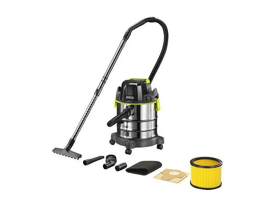 Aspirapolvere per acqua e polvere 18V RYOBI ONE+ R18WDV-0, Serbatoio in Acciaio Inox 18L, Fornito con Accessori