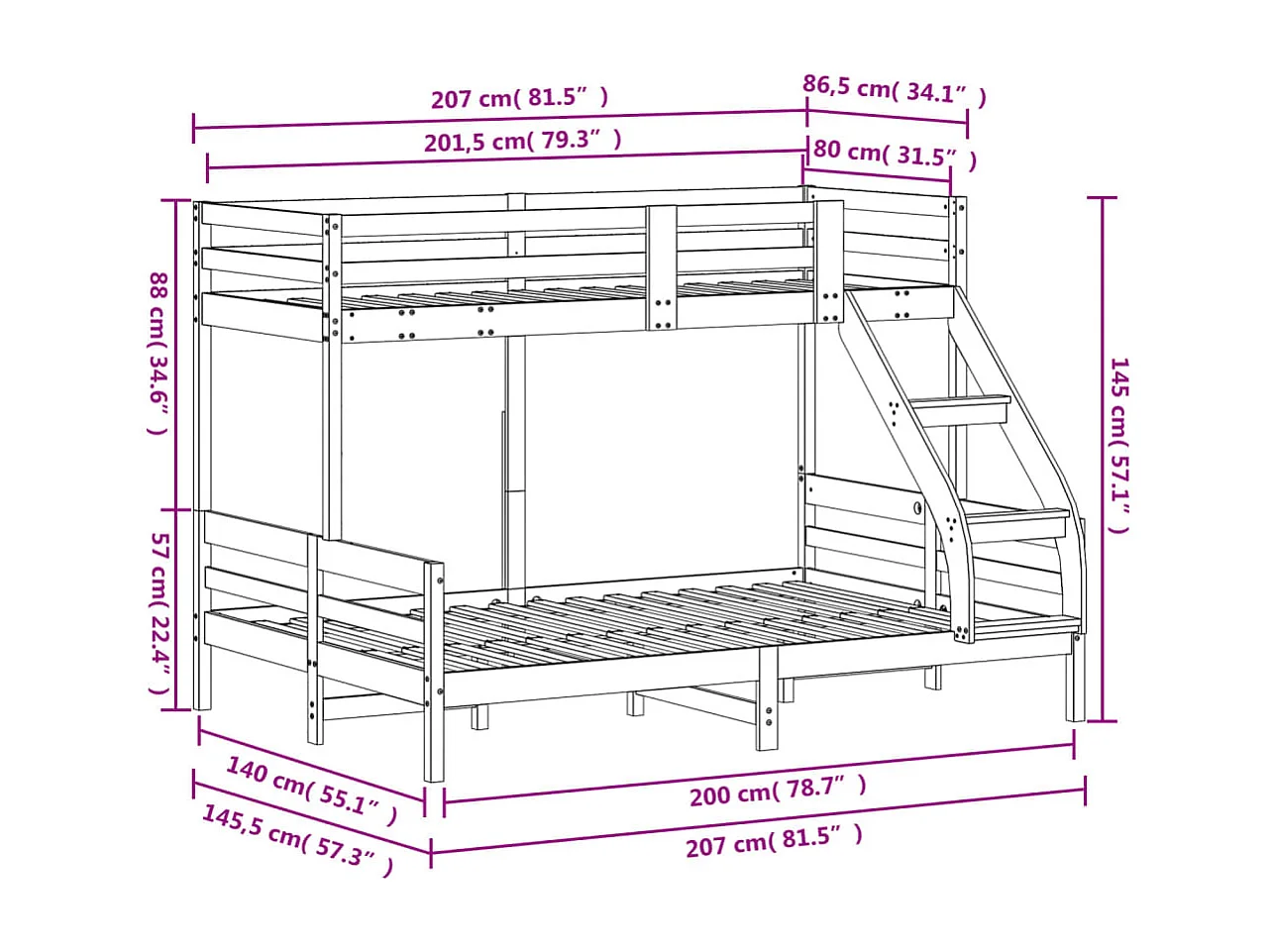 Letto a Castello 80x200/140x200cm Bianco Legno Massello di Pino
