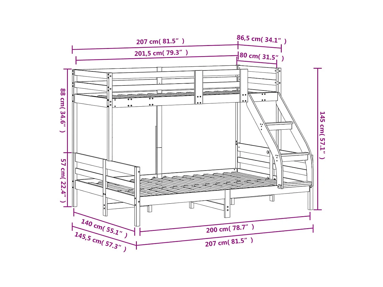 Lit superposé sans matelas 80x200/140x200 cm bois massif
