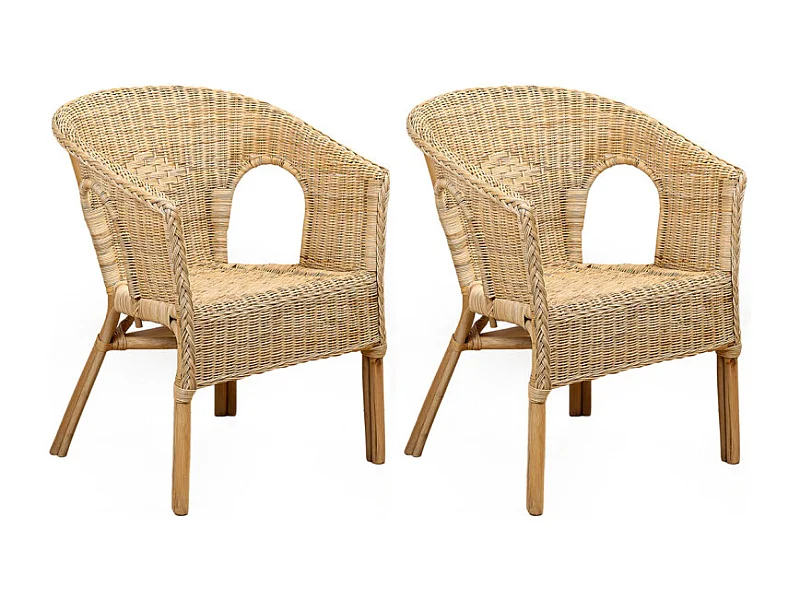 Lot 2 fauteuils de jardin rotin naturel tressé et accoudoirs - DARIA