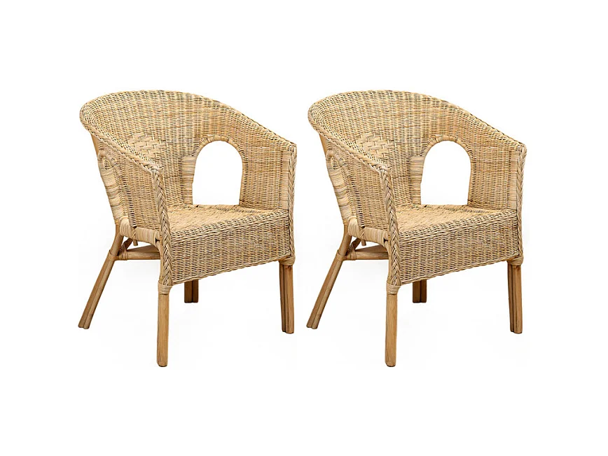 Lot 2 fauteuils de jardin rotin naturel tressé et accoudoirs - DARIA