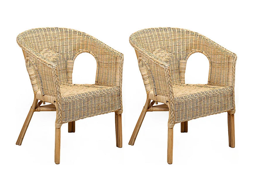 Lot 2 fauteuils de jardin rotin naturel tressé et accoudoirs - DARIA