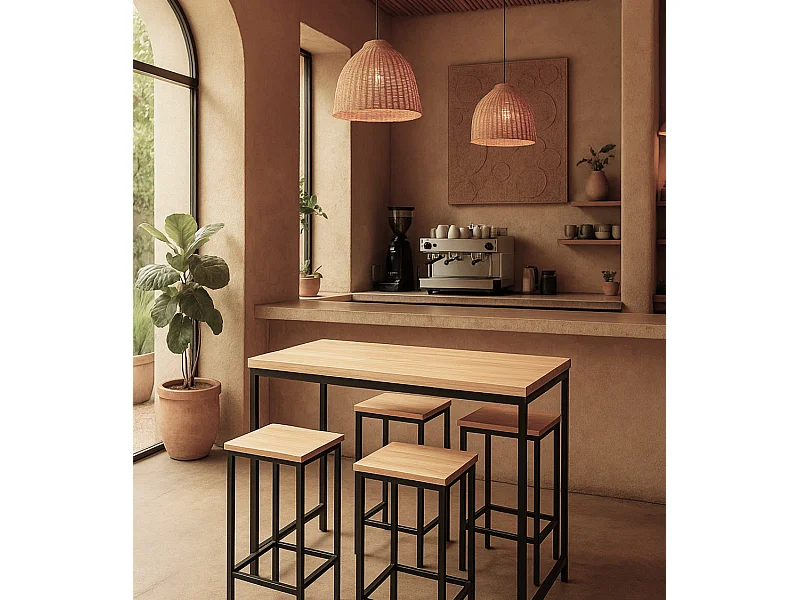 Pack de mesa alta con 4 taburetes altos de 86/60x60/30x100/43 cm en color beige Degano