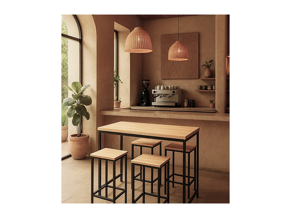 Pack de mesa alta con 4 taburetes altos de 86/60x60/30x100/43 cm en color beige Degano