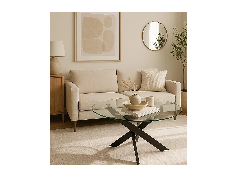 Mesa de centro redonda de 80x40 cm en color transparente y patas negras Dan