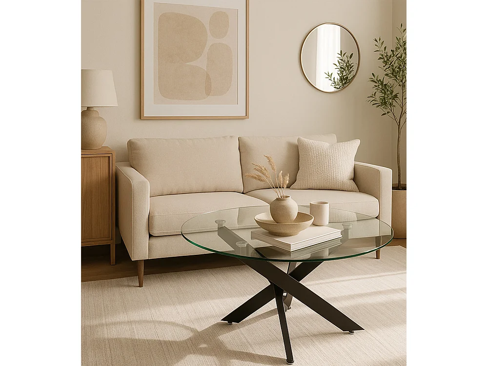 Mesa de centro redonda de 80x40 cm en color transparente y patas negras Dan