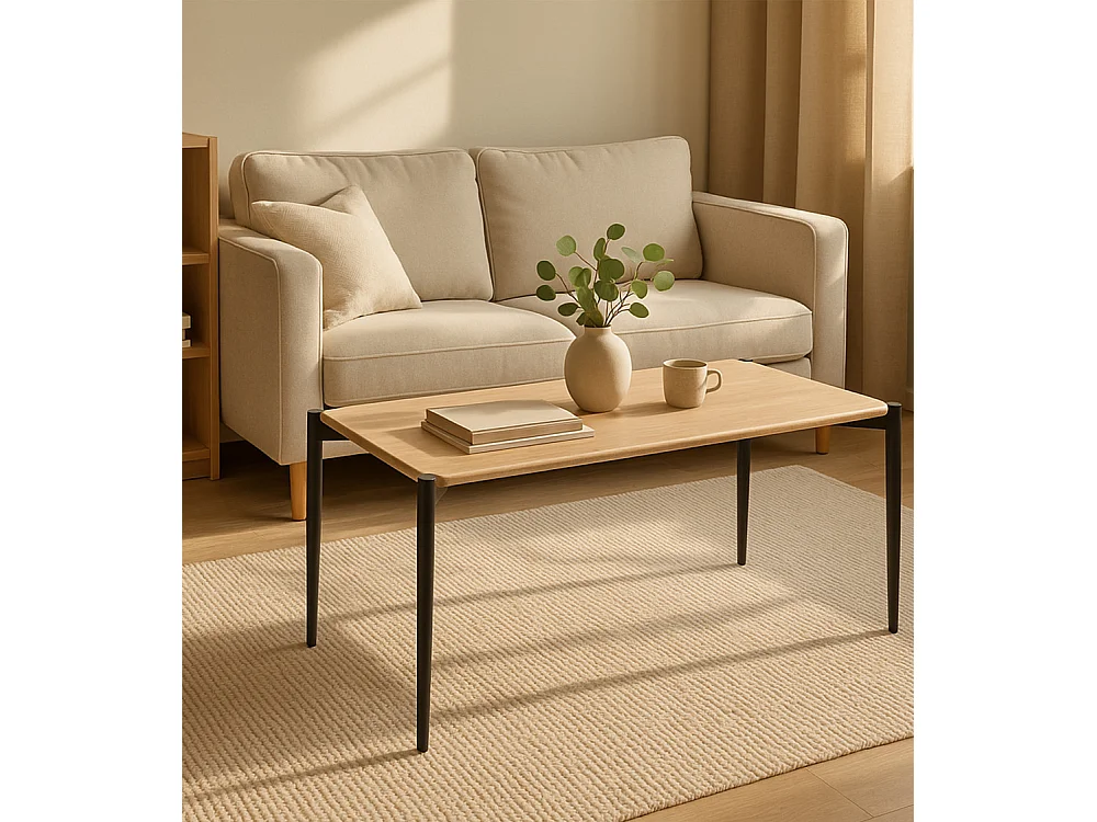 Mesa de centro de 50x100x45 cm con tapa de MDF en color beige y patas negras Nantolin