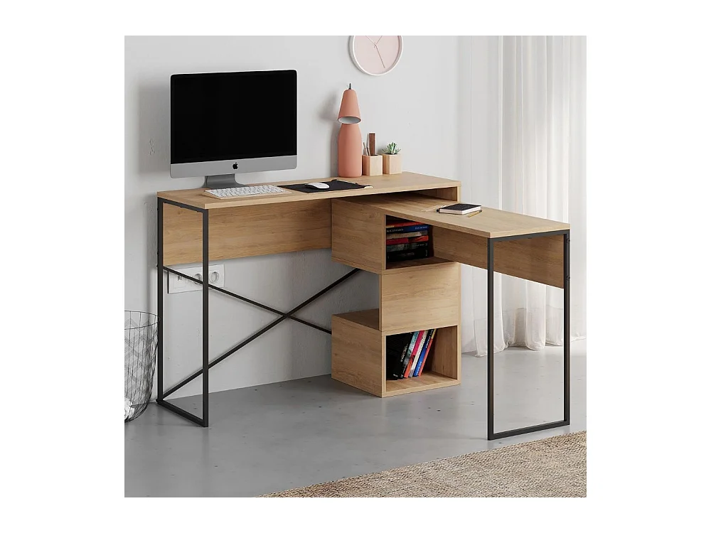 Scrivania salvaspazio espandibile Badau rovere con struttura in metallo nero – Funzionalità e Stile