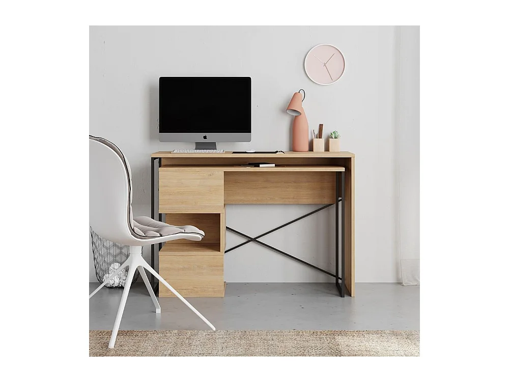 Scrivania salvaspazio espandibile Badau rovere con struttura in metallo nero – Funzionalità e Stile