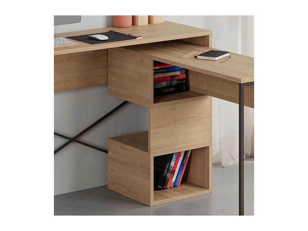 Scrivania salvaspazio espandibile Badau rovere con struttura in metallo nero – Funzionalità e Stile