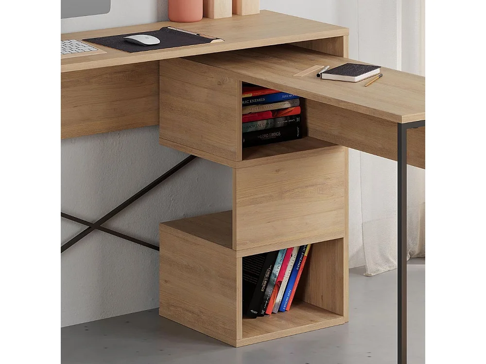 Scrivania salvaspazio espandibile Badau rovere con struttura in metallo nero – Funzionalità e Stile