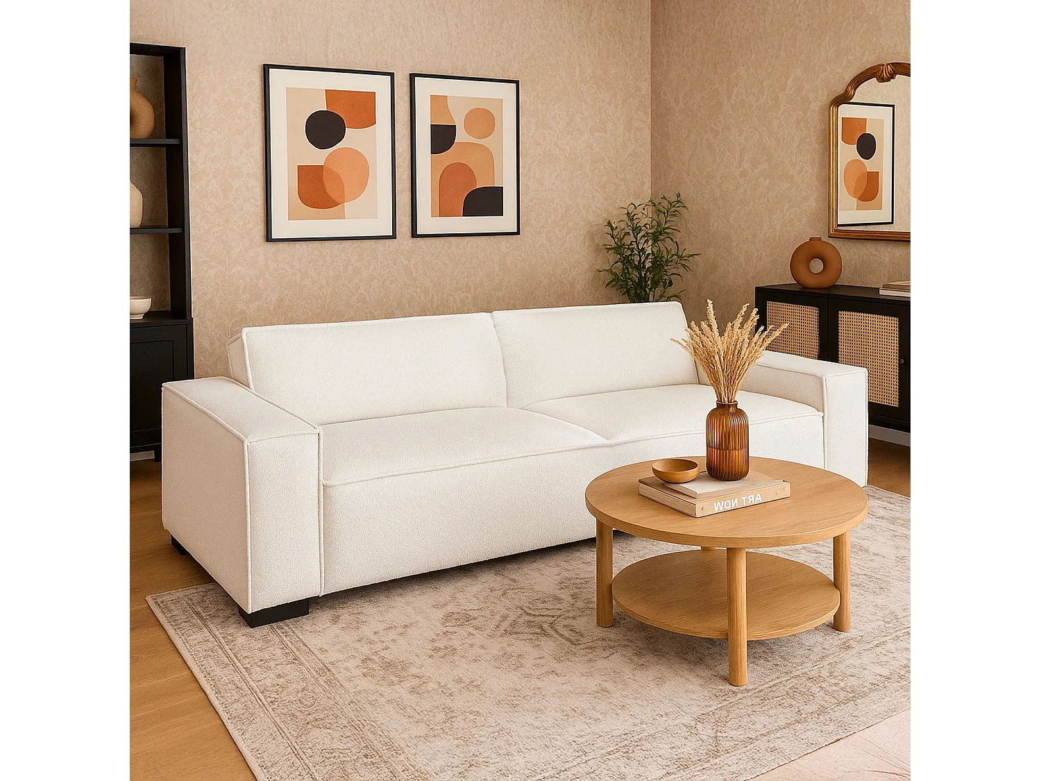 Canapé clic-clac 3 places Roger Tissu bouclette Crème