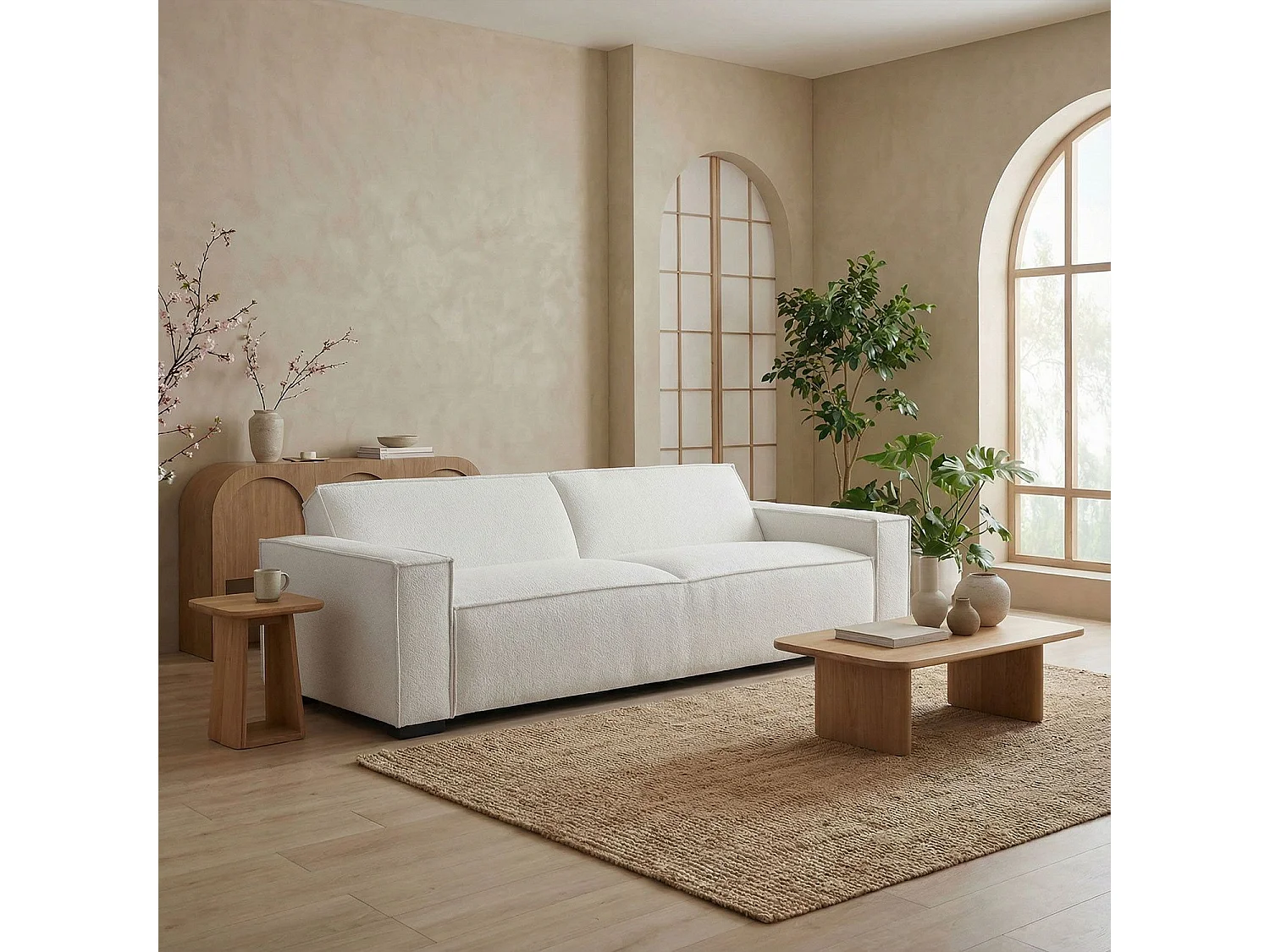 Canapé clic-clac 3 places Roger Tissu bouclette Crème