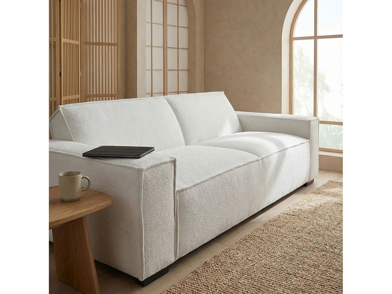 Canapé clic-clac 3 places Roger Tissu bouclette Crème