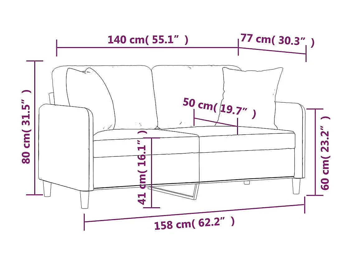 Canapé 2 places avec oreillers décoratifs crème 140 cm tissu