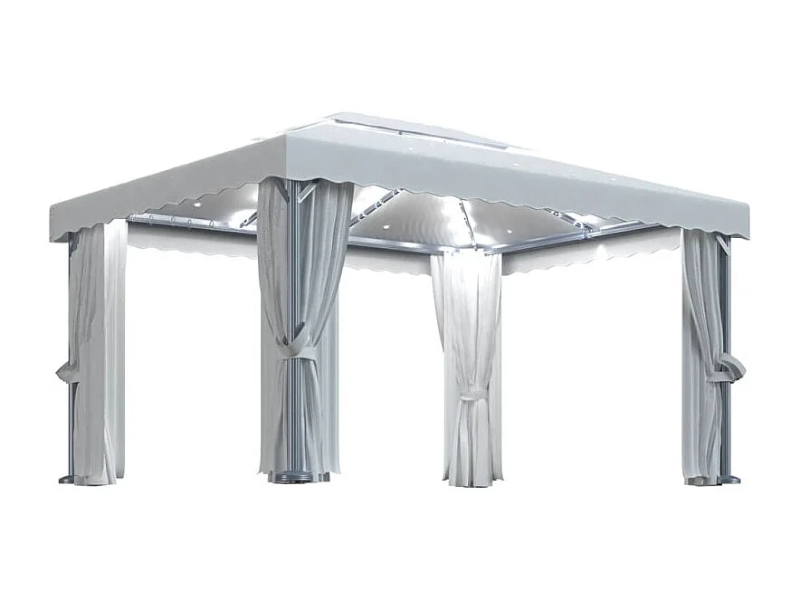 Pabellón de Jardín 4x3m Blanco Crema con Cortinas y Guirnalda Luminosa LED