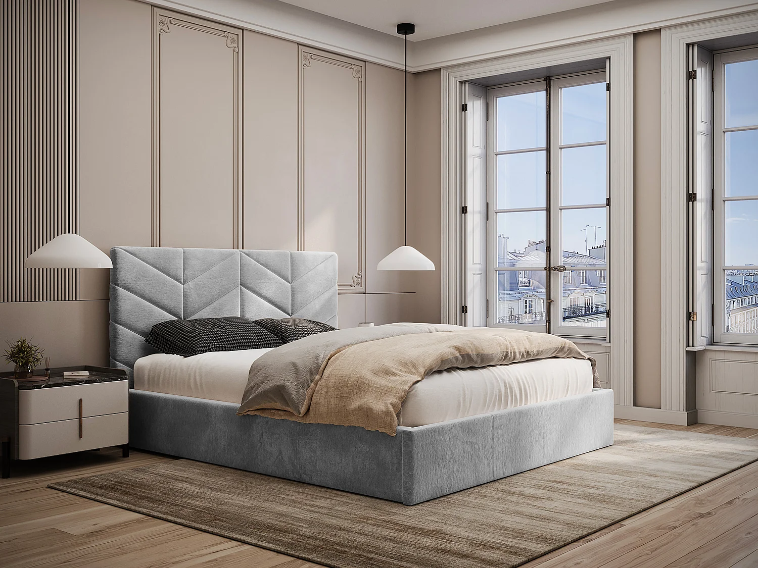 Lit coffre 200 x 200 cm - Tissu texturé - Gris - JUSTANI
