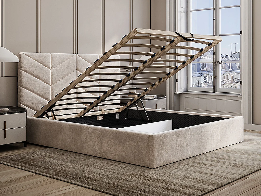 Lit coffre 200 x 200 cm - Tissu texturé - Crème - JUSTANI