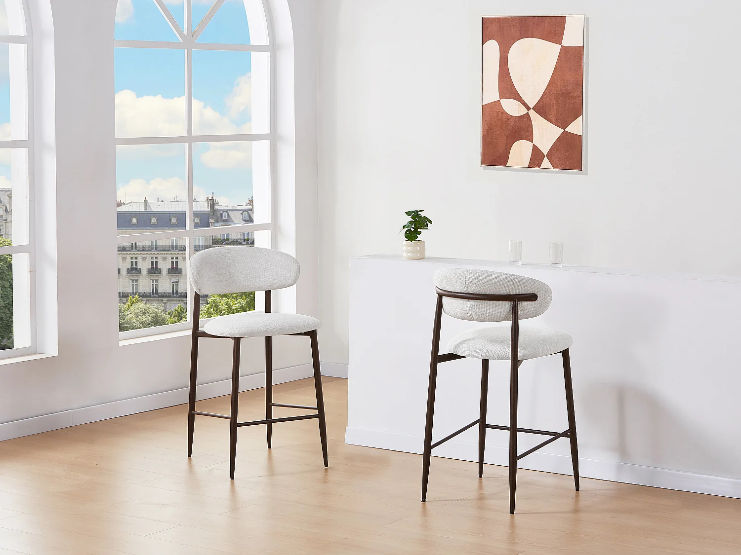 Lot de 2 tabourets de bar en tissu texturé et métal effet bois - Crème et Naturel foncé - ISOVAYA