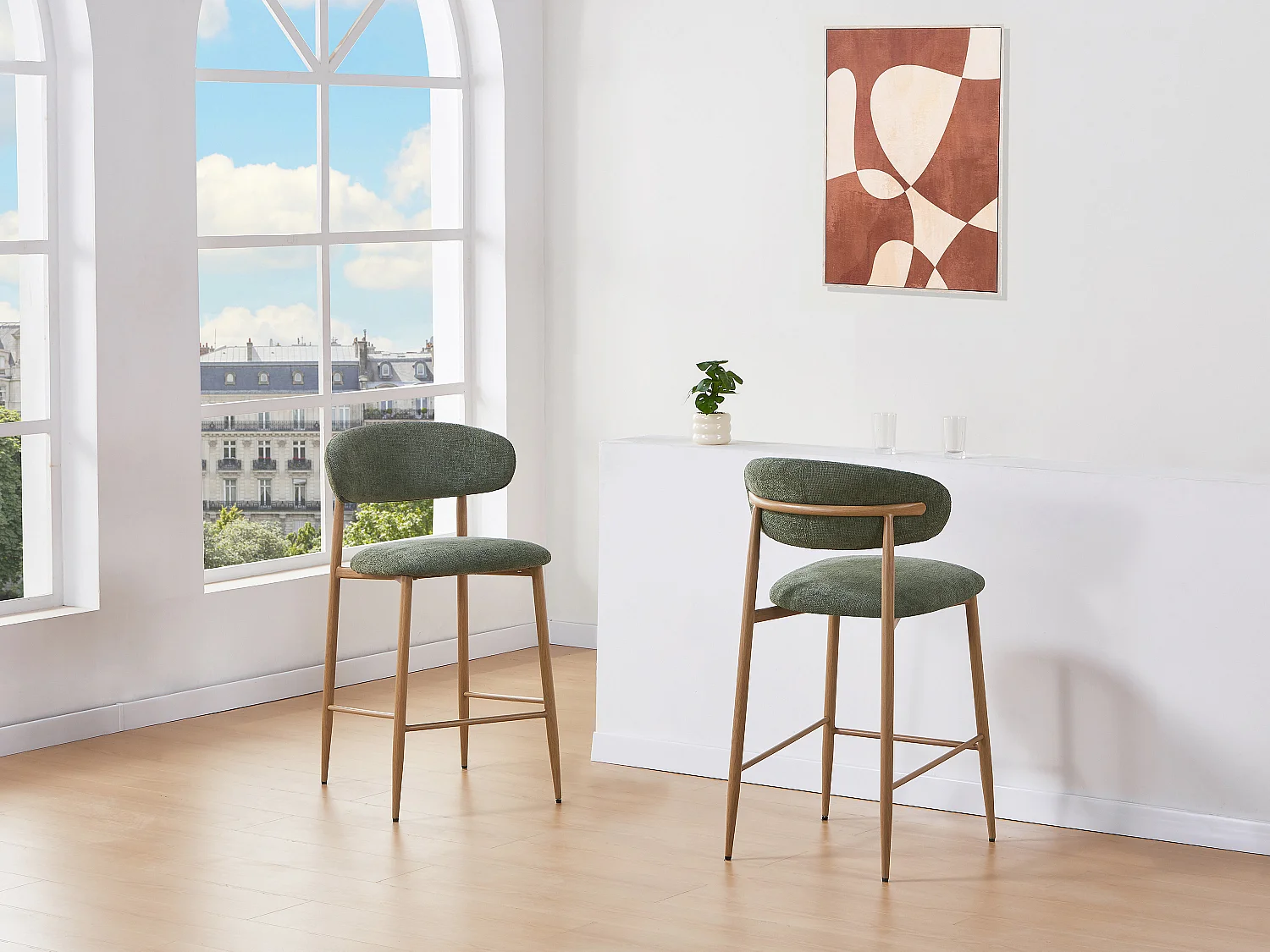 Lot de 2 tabourets de bar en tissu texturé et métal effet bois - Kaki et Naturel clair - ISOVAYA
