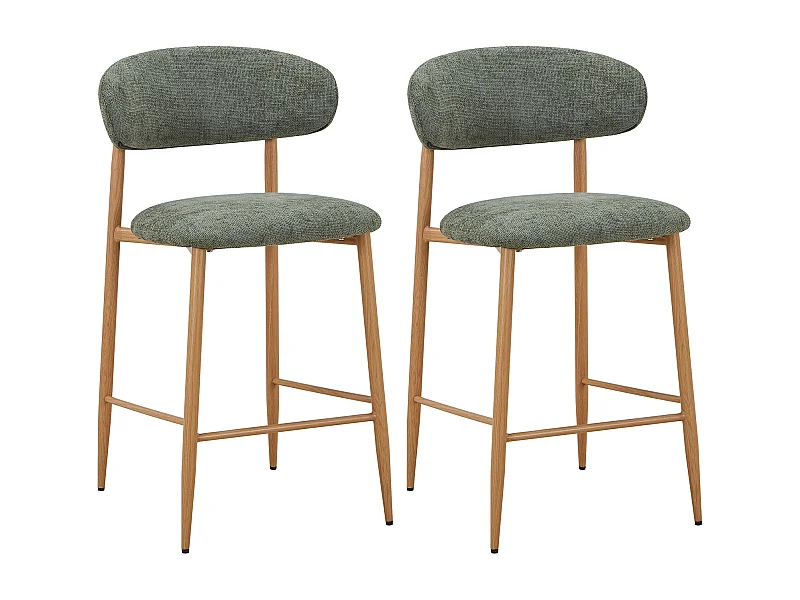 Lot de 2 tabourets de bar en tissu texturé et métal effet bois - Kaki et Naturel clair - ISOVAYA
