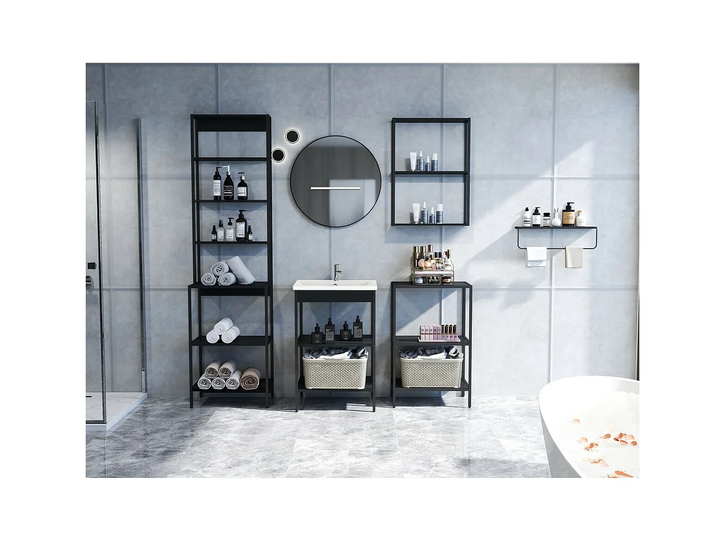 Meuble de Salle de Bain sur Pied Lorin, Noir, 51x30x190 cm, Seven Design