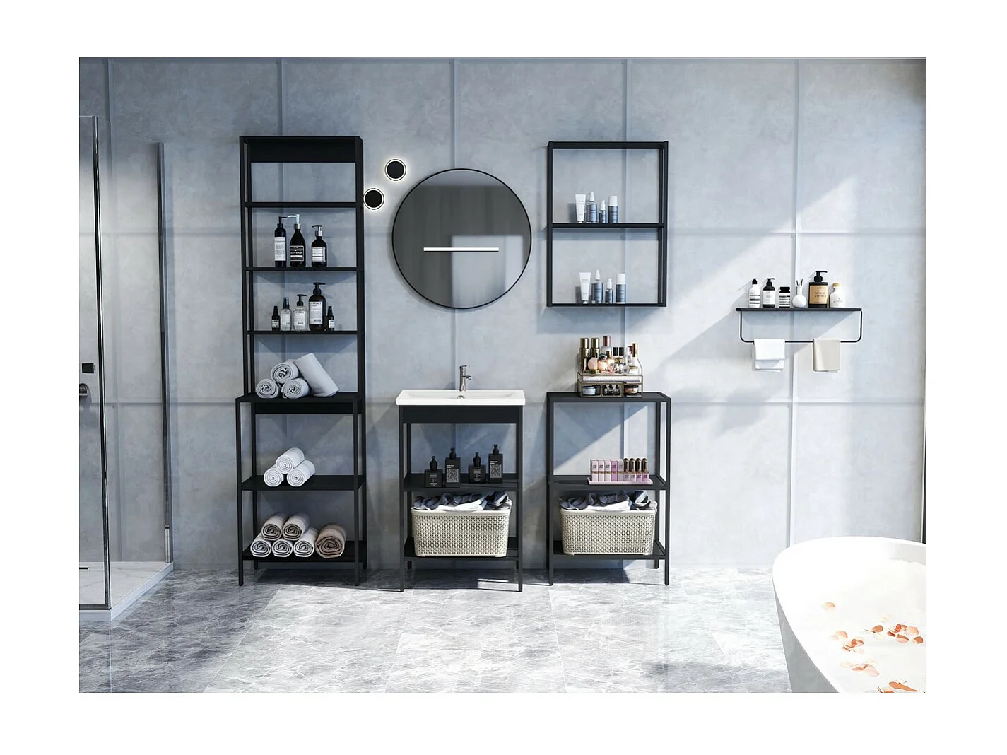 Meuble de Salle de Bain sur Pied Lorin, Noir, 51x30x190 cm, Seven Design