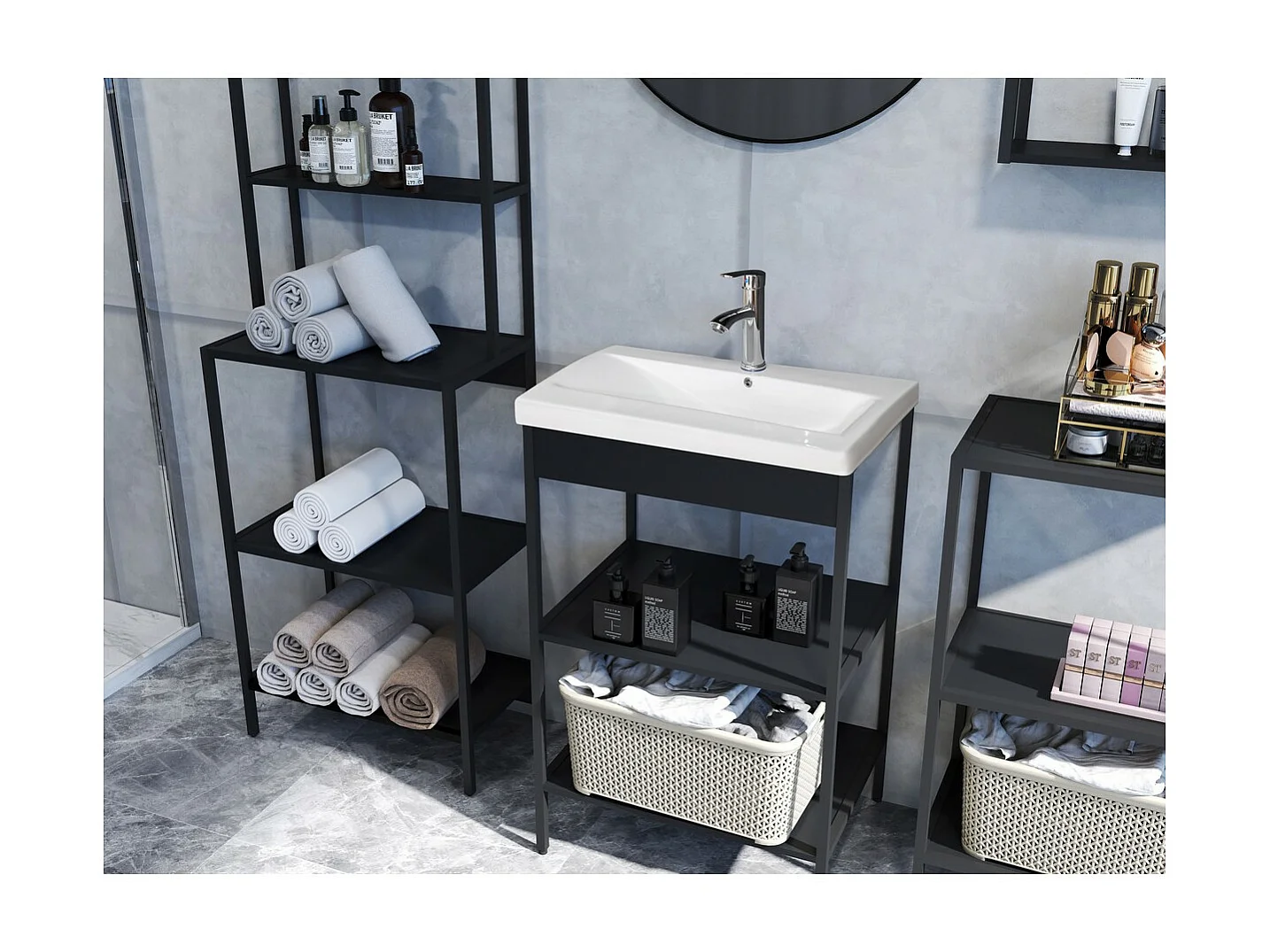 Meuble de Salle de Bain sur Pied Lorin, Noir, 51x30x190 cm, Seven Design