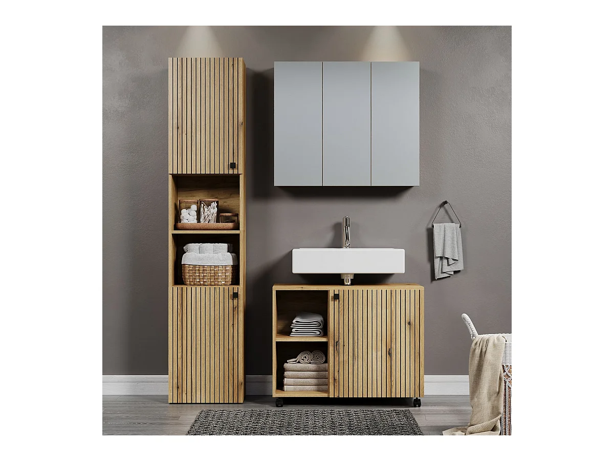 Armoire Murale de Salle de Bain avec Miroir Pure, Marron, 80x17x67 cm, Seven Design