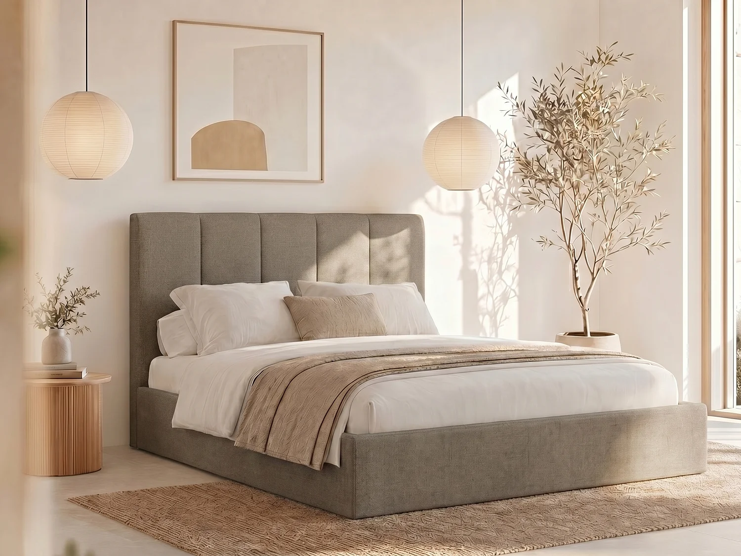Łóżko ze skrzynią  200 x 200 cm z zagłówkiem z pionowymi szwami - Tkanina - Taupe - KILACLO