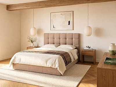 Letto con contenitore 200 x 200 cm - Velluto Beige - MIRDAL di Pascal Morabito