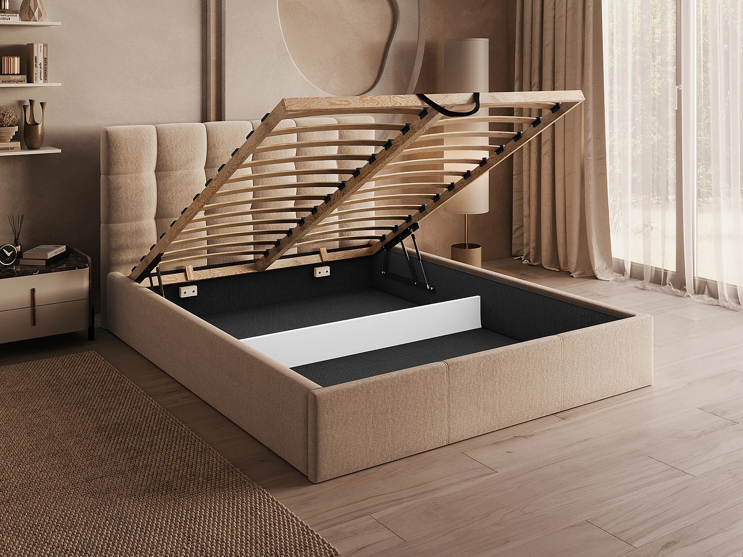 Lit coffre 180 x 200 cm - Velours - Beige - MIRDAL de Pascal Morabito