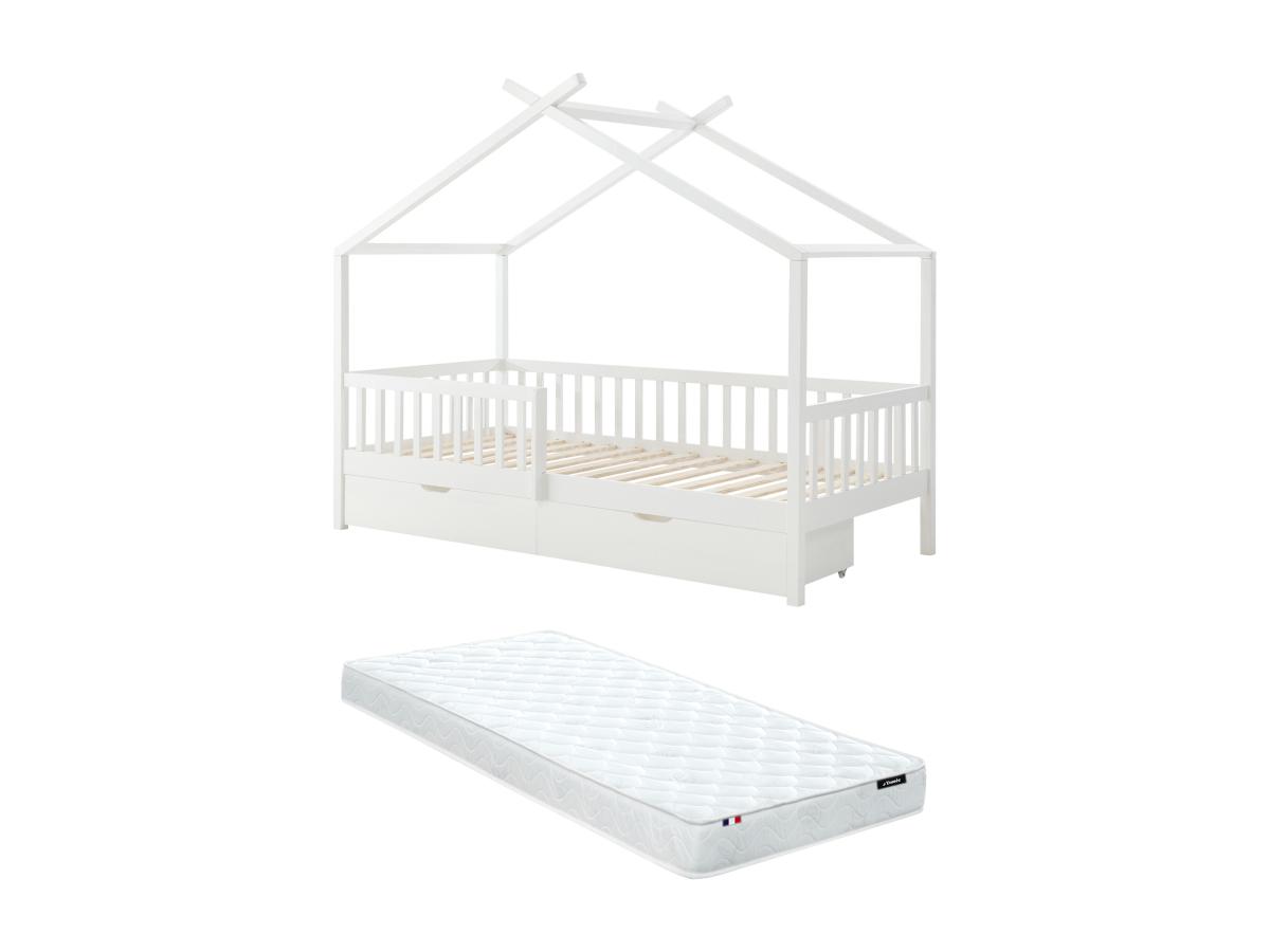 Bett in Hausoptik mit Schubladen + Matratze - 90 x 190 cm - Kiefer & MDF - günstig online kaufen