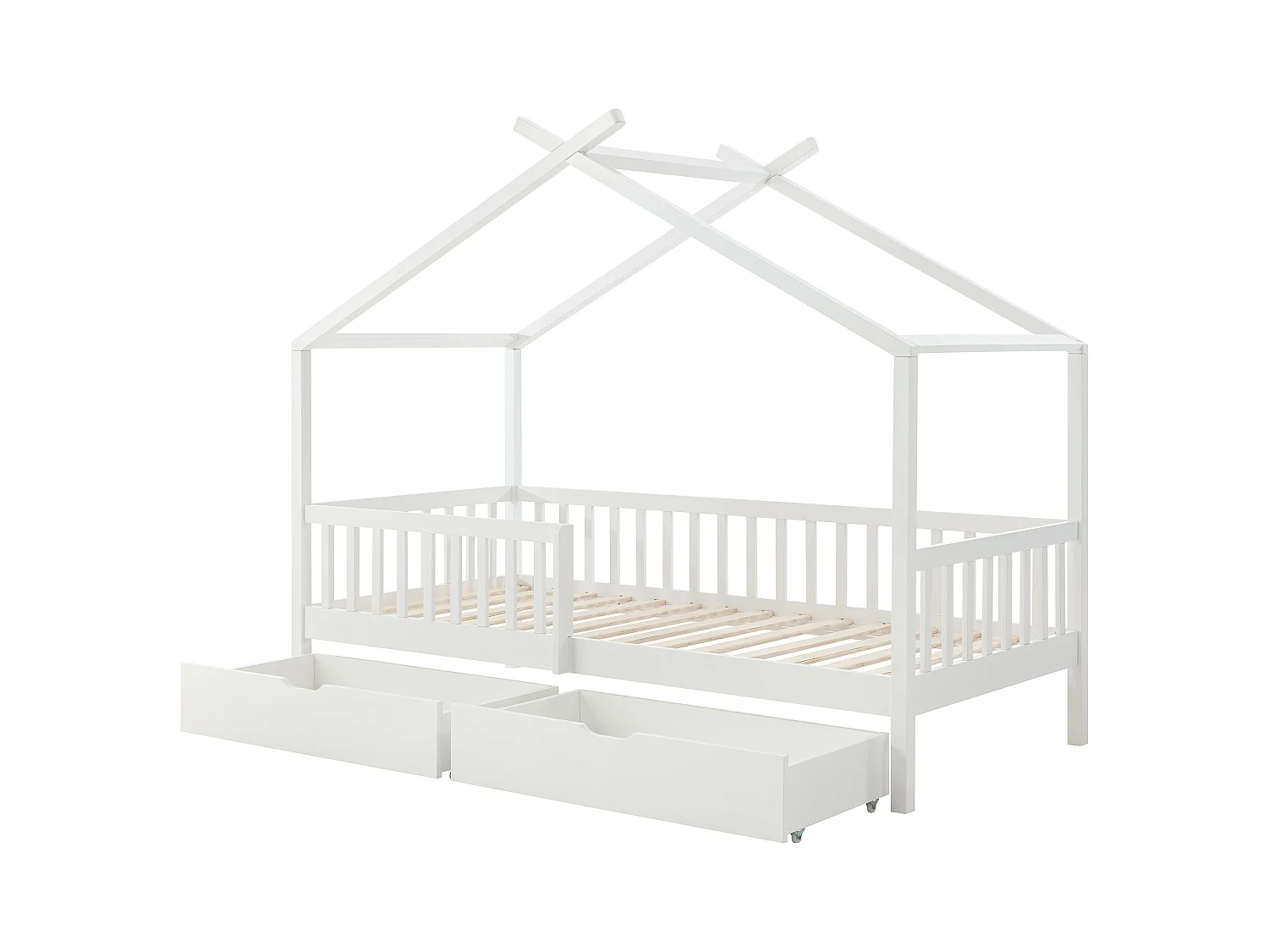 Lit cabane 90 x 190 cm avec tiroirs - Pin et MDF - Blanc + Matelas - KIRALIO