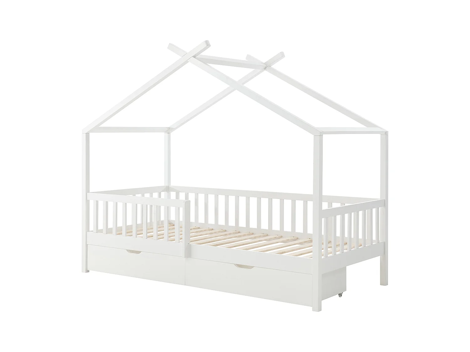 Lit cabane 90 x 190 cm avec tiroirs - Pin et MDF - Blanc + Matelas - KIRALIO