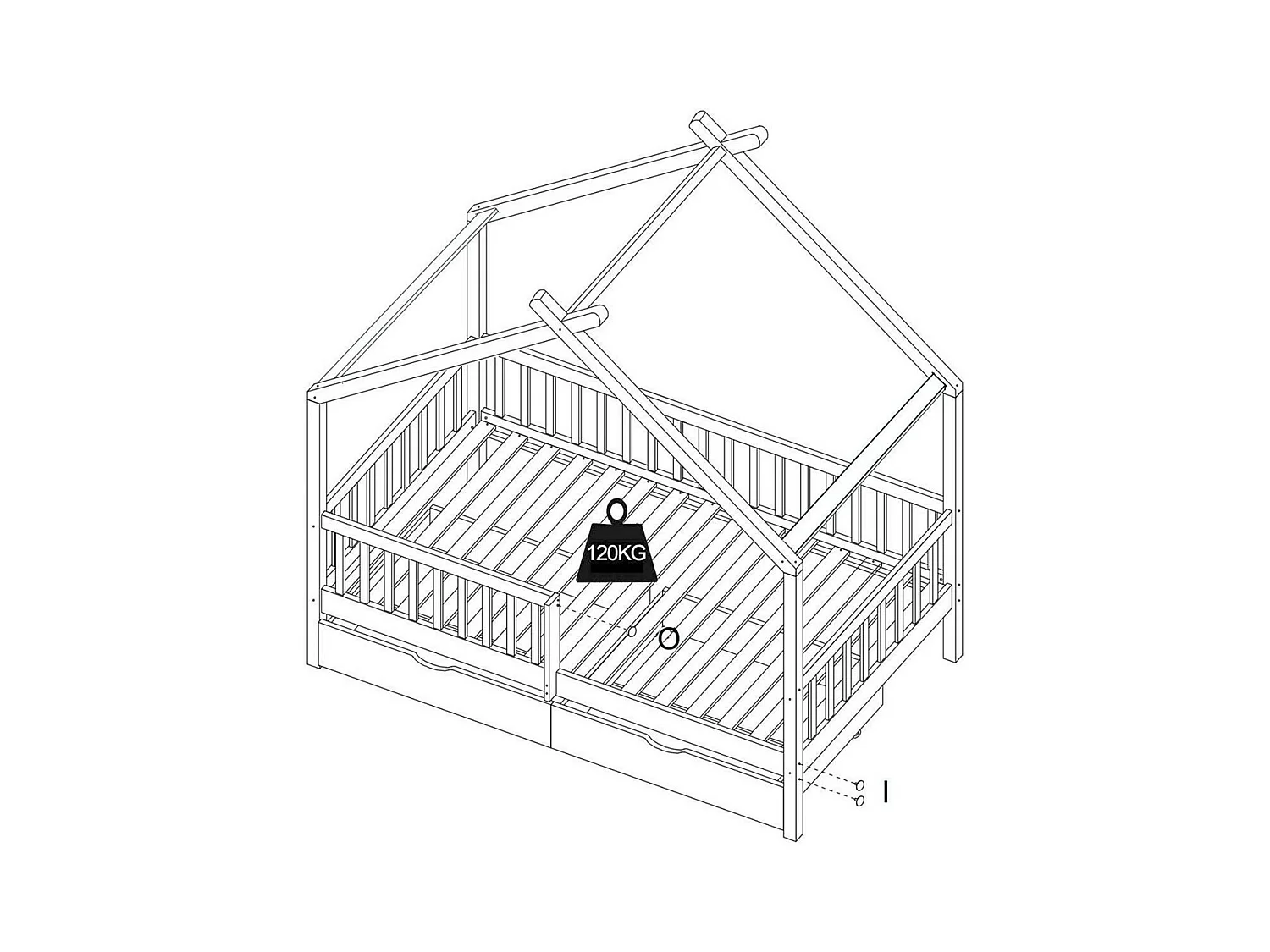 Lit cabane 90 x 190 cm avec tiroirs - Pin et MDF - Blanc + Matelas - KIRALIO