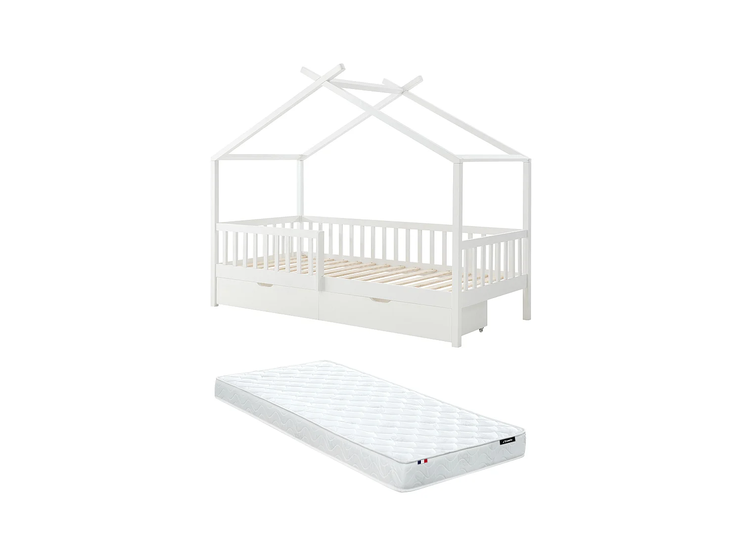 Lit cabane 90 x 190 cm avec tiroirs - Pin et MDF - Blanc + Matelas - KIRALIO