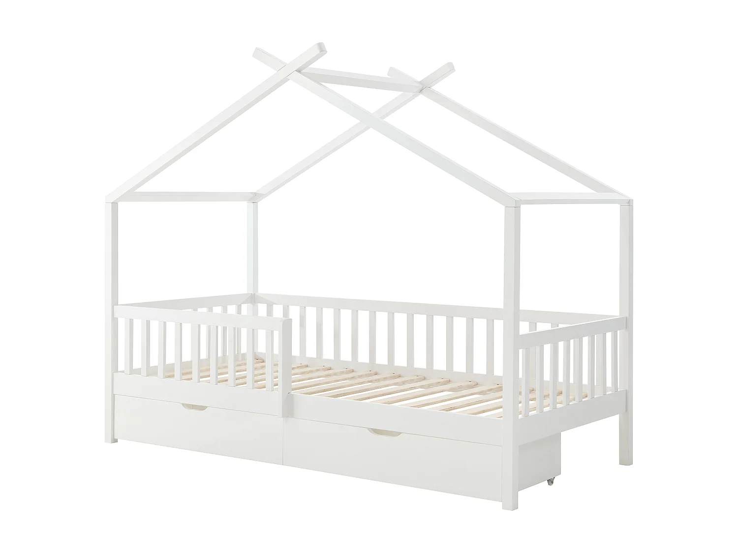 Lit cabane 90 x 190 cm avec tiroirs - Pin et MDF - Blanc + Matelas - KIRALIO