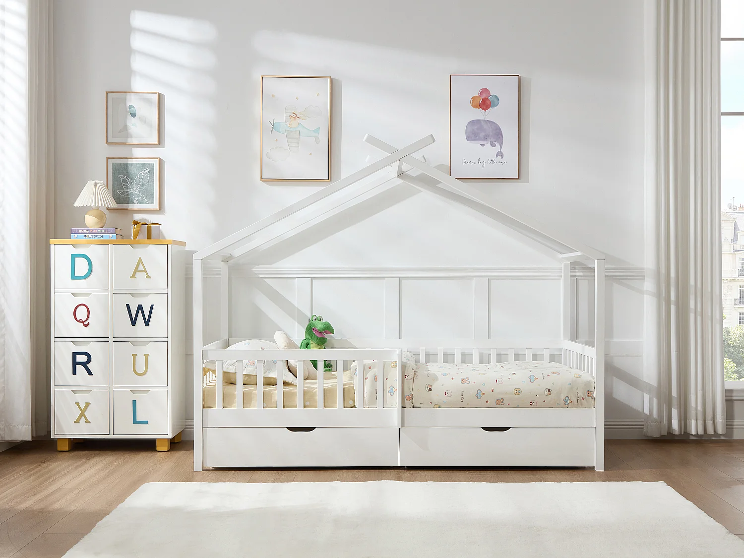 Lit cabane 90 x 190 cm avec tiroirs - Pin et MDF - Blanc + Matelas - KIRALIO