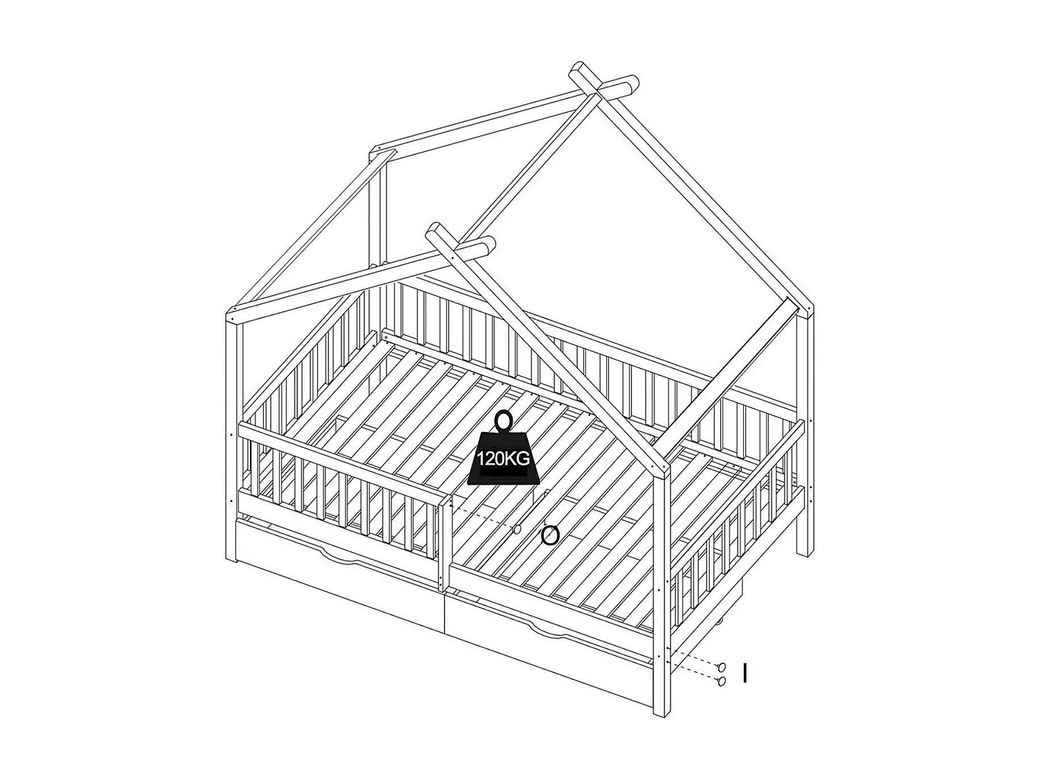 Lit cabane 90 x 190 cm avec tiroirs - Pin et MDF - Blanc + Matelas - KIRALIO
