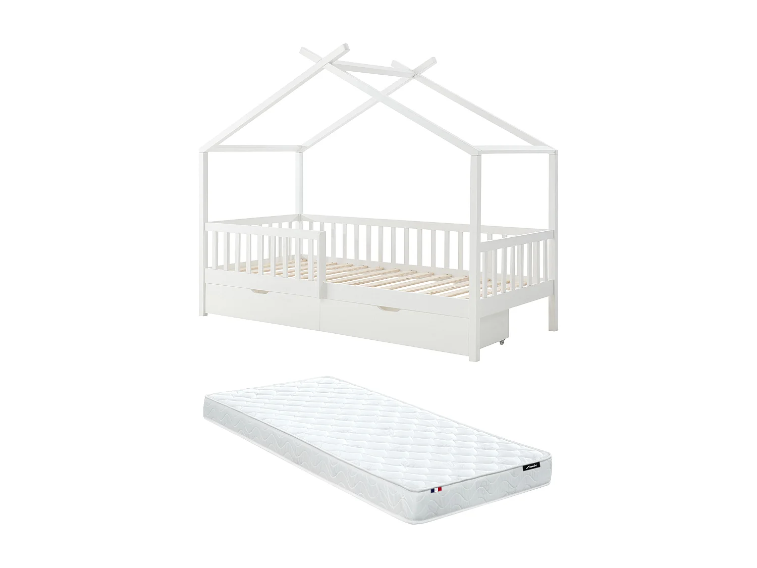 Lit cabane 90 x 190 cm avec tiroirs - Pin et MDF - Blanc + Matelas - KIRALIO