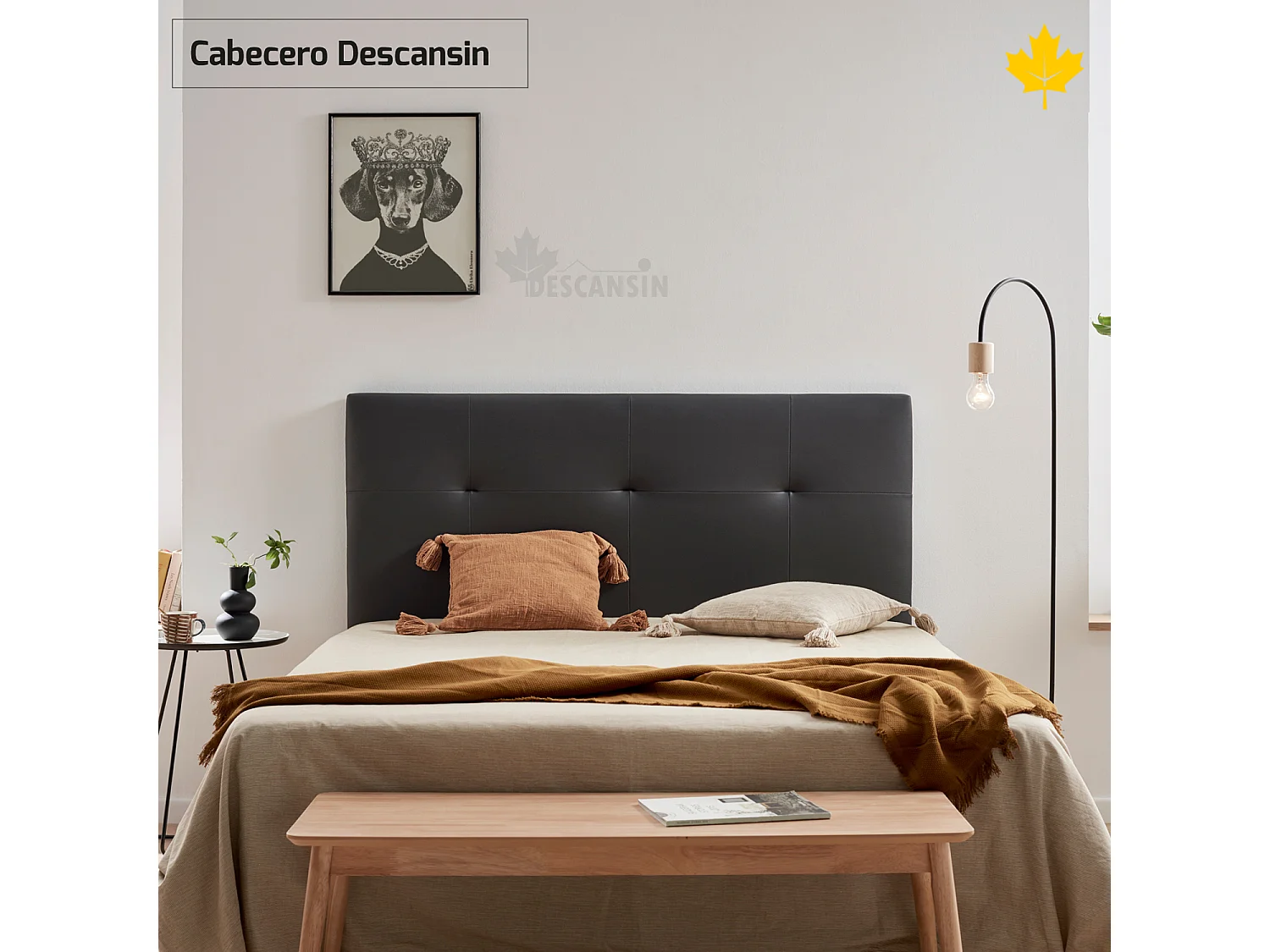 Cabeceira estofada Descansin 105x120 cm Preto Tecido liso couro sintético