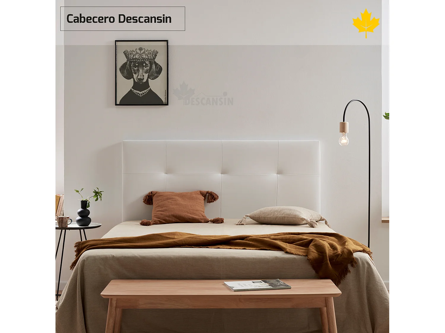 Cabeceira estofada Descansin 135x120 cm Branco Tecido liso couro sintético