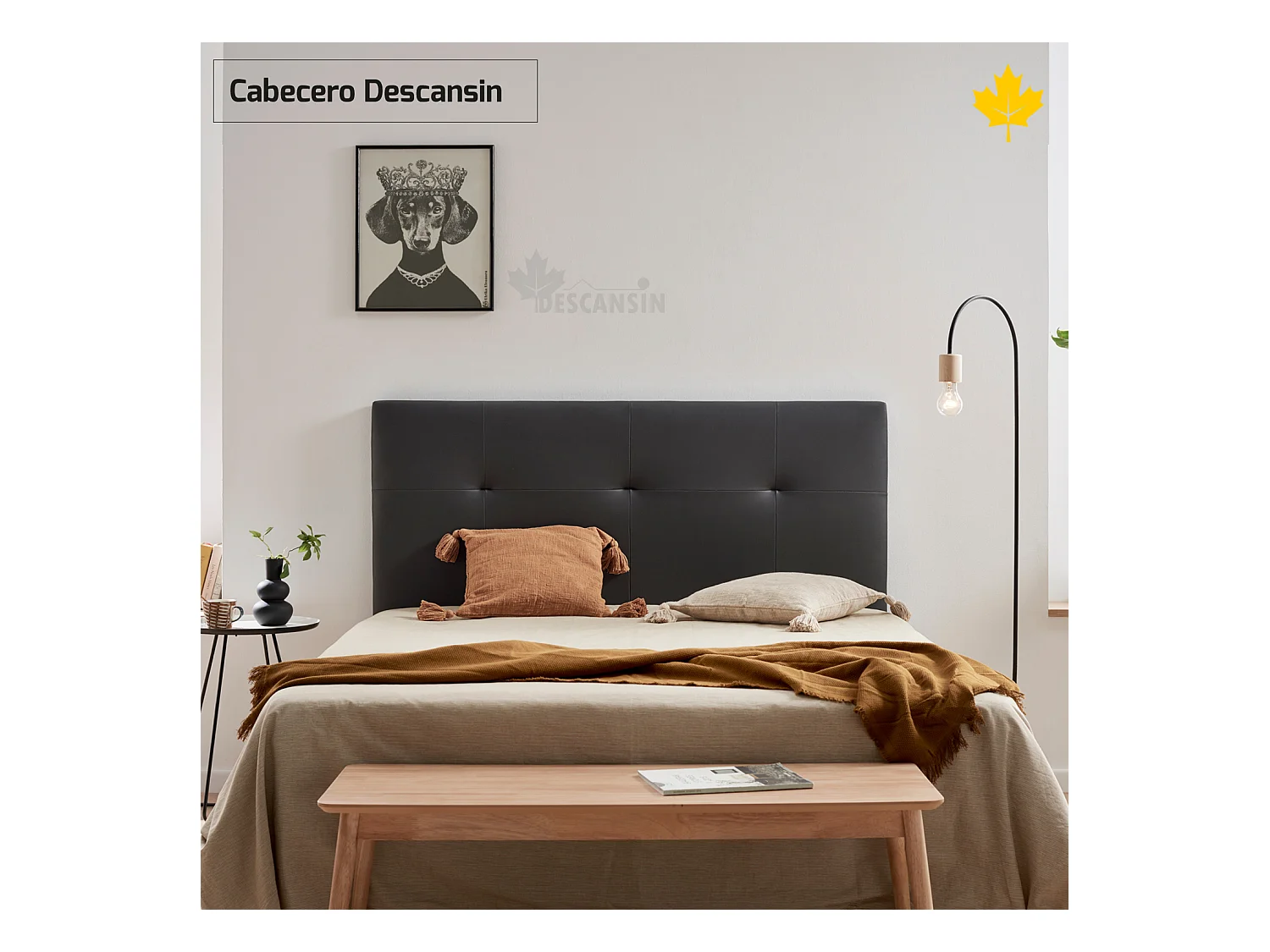 Cabeceira estofada Descansin 135x120 cm Preto Tecido liso couro sintético