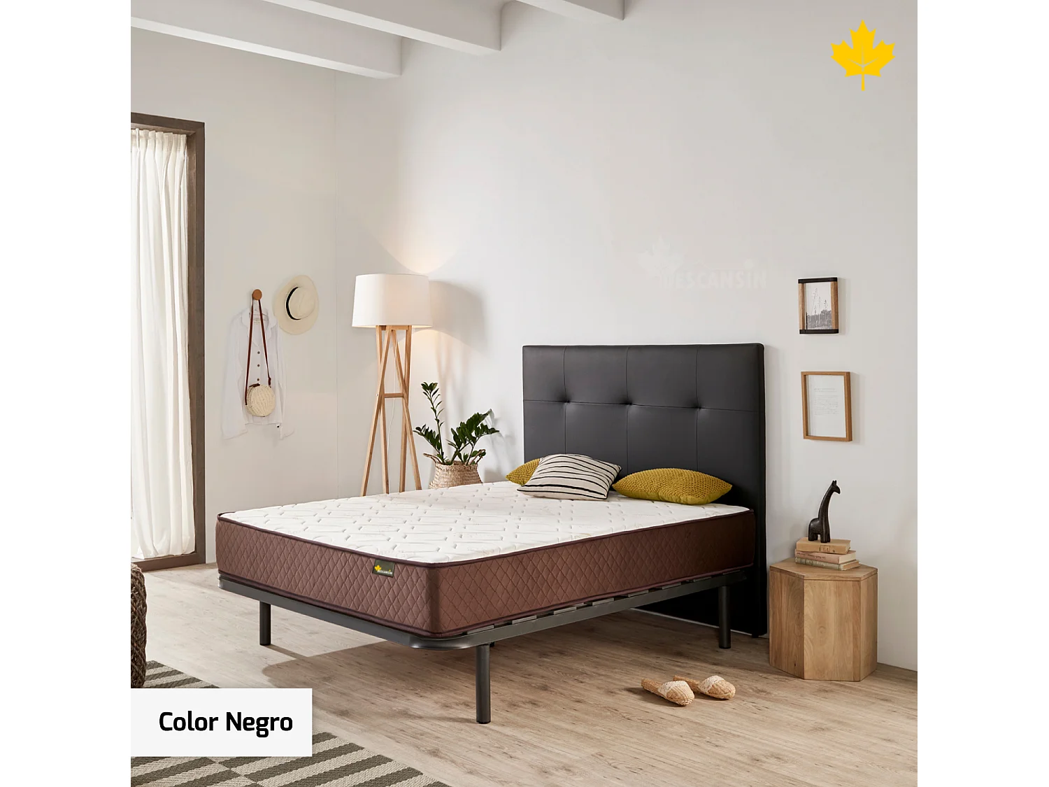 Cabeceira estofada Descansin 135x120 cm Preto Tecido liso couro sintético