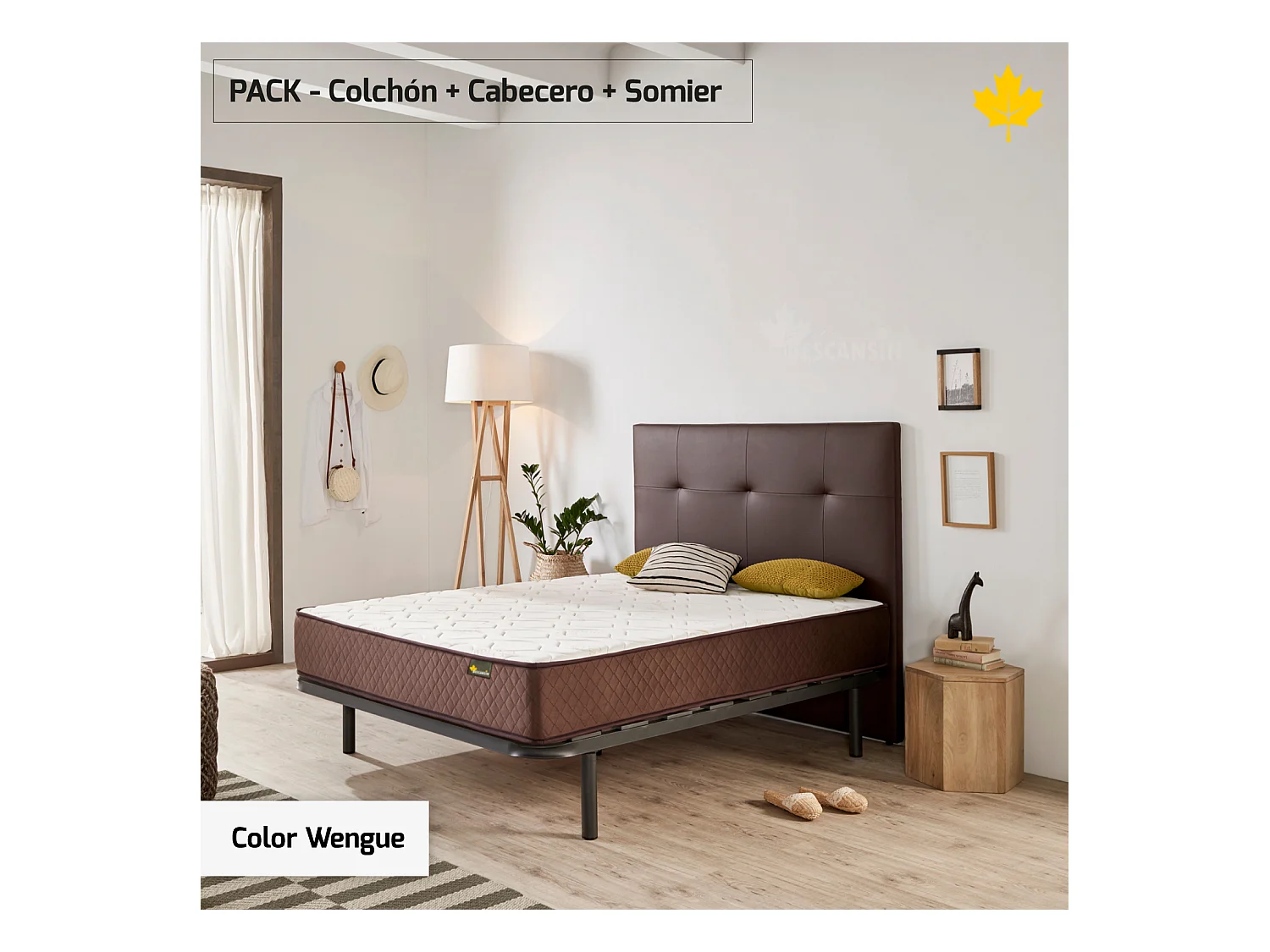 Cabecero de Cama Tapizado 135 cm | Wengue | Tela de Polipiel Liso | Directo al suelo sin agujeros | Descansin