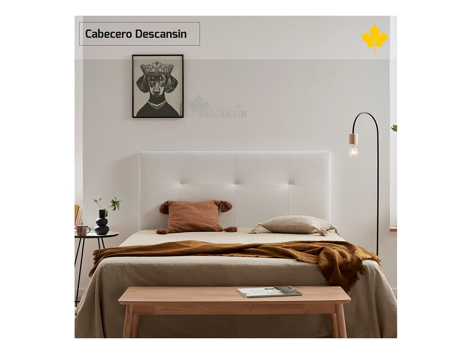 Cabecero de Cama Tapizado 150 cm | Blanco | Tela de Polipiel Liso | Directo al suelo sin agujeros | Descansin