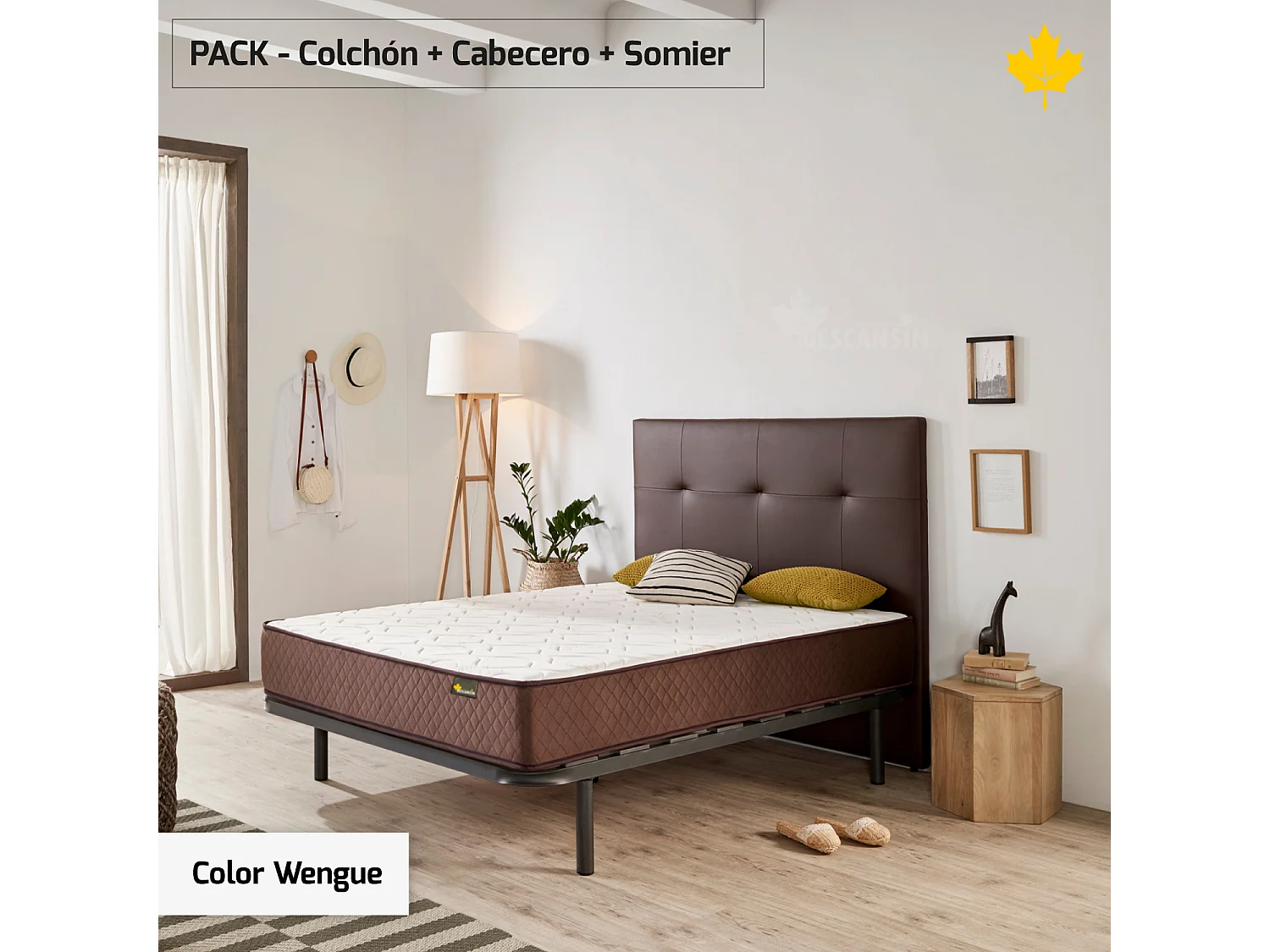 Cabeceira estofada Descansin 160x120 cm Wenge Tecido liso couro sintético